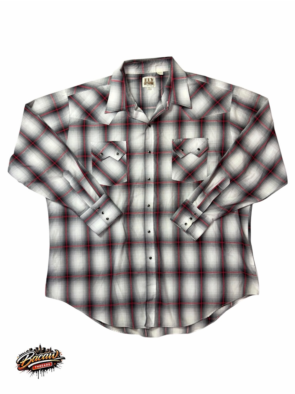 Ely Cattleman Men’s XXL Long Sleeve Pearl Snap Red, White, & Black Western Shirt